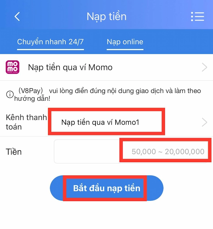 Nạp Tiền 123B Qua Ví Momo