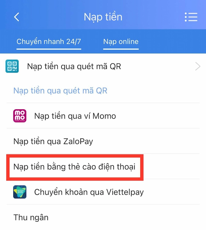 Nạp Tiền Bằng Thẻ Cào Điện Thoại